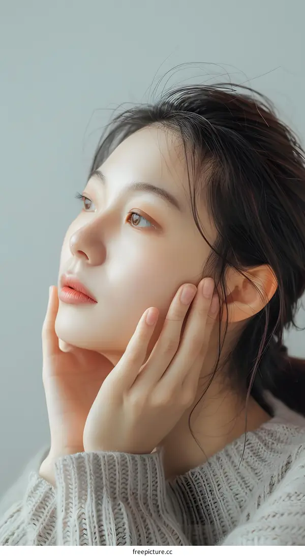 Young Asian Woman Wearing a Knitted Sweater Posing for a Portrait