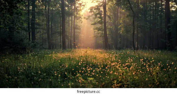 The sun shines through the forest