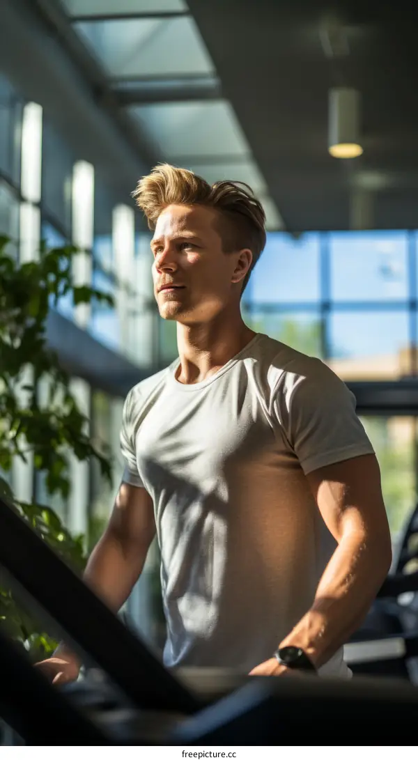 Young male athlete on a treadmill looking out the window