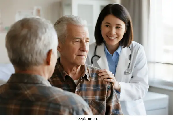 Female doctor consulting elderly male patients in clinic