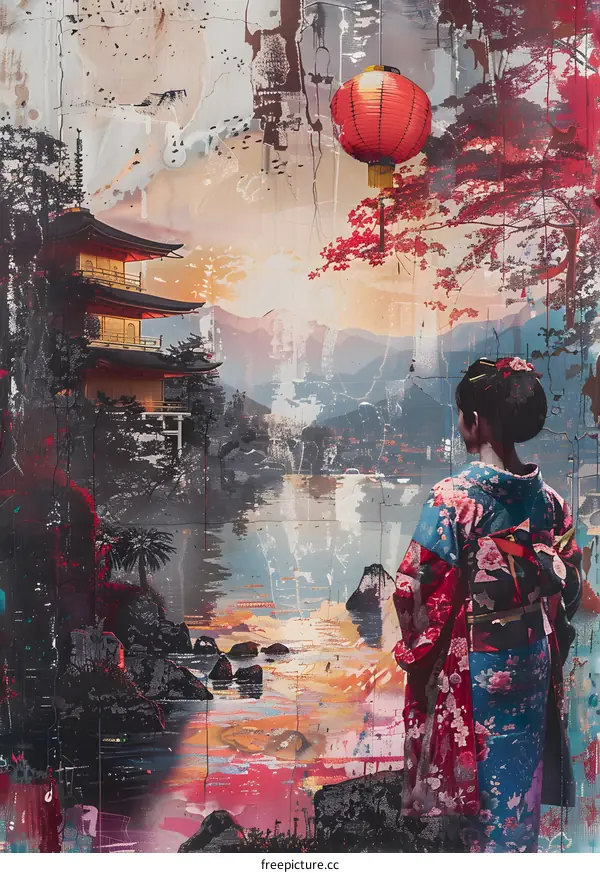 A woman in a kimono standing in a lake with a red lantern floating in the sky
