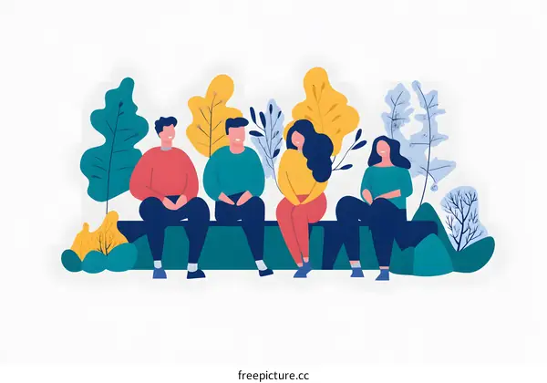 Group of Friends Sitting Together in the Park Illustration