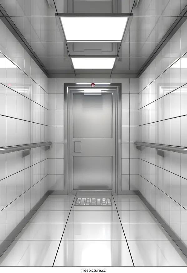 White Tile Hallway with Metal Door