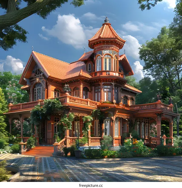 Victorian Style House with Gabled Roof and Tower