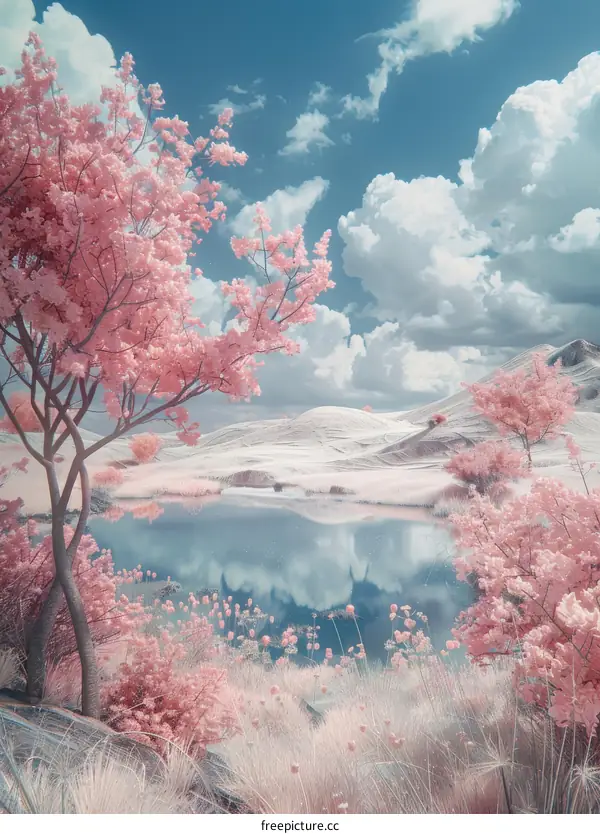 Surreal Pink Landscape with Lake and Trees