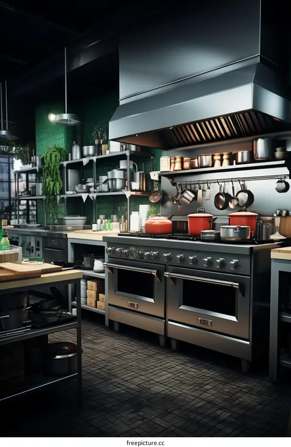 A commercial kitchen with stainless steel appliances and a large range