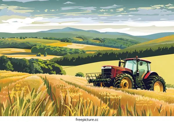 Red Tractor in a Field of Wheat