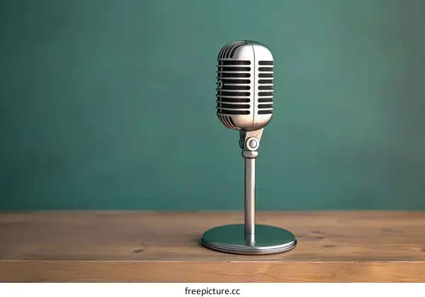 Retro silver microphone on wooden table with green background