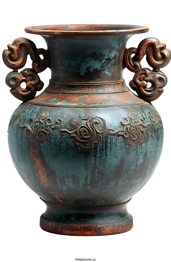 [Transparent Background PNG]Antique Chinese Bronze Vase with Dragon Handles