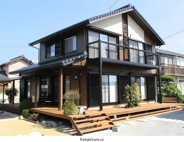 Modern Japanese Style Home with Wooden Deck and Balcony