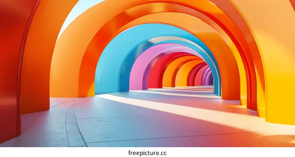 Futuristic rainbow tunnel with bright colorful arches