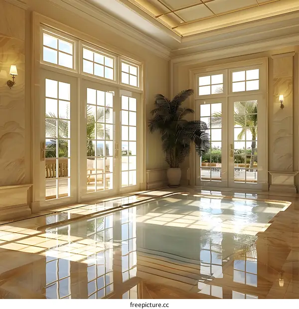 Indoor swimming pool with large windows and palm trees