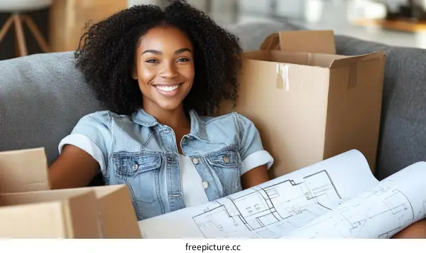 Happy Woman with House Plans and Moving Boxes