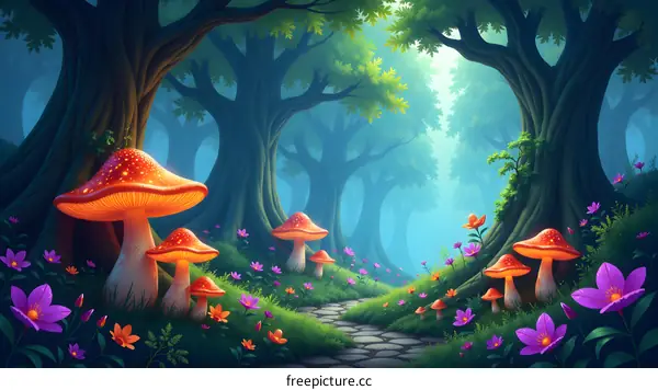 Enchanted Forest Pathway with Mushrooms and Flowers