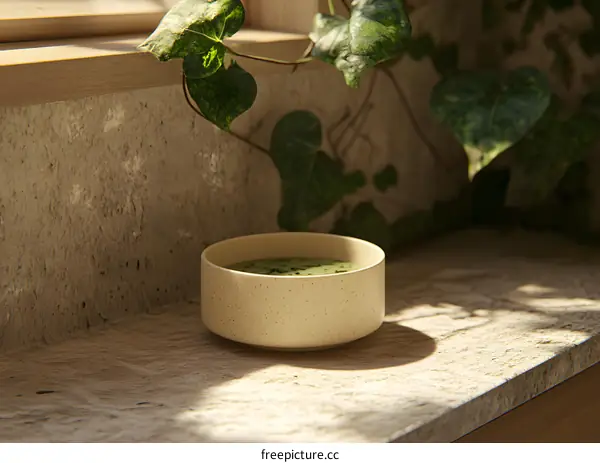 Green Tea in a Bowl on a Stone Windowsill