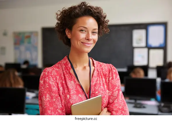 Female Teacher in Classroom with Digital Tablet in Hand
