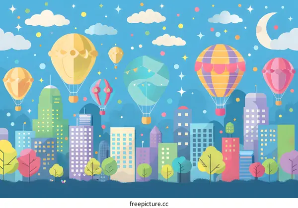 Hot Air Balloons Over Cityscape Illustration