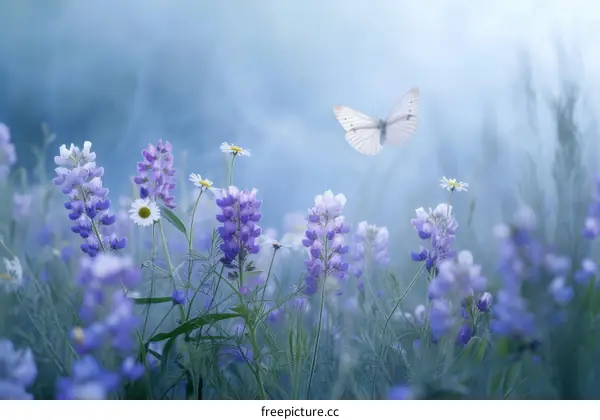 Graceful White Butterfly Flits Among Purple Flowers