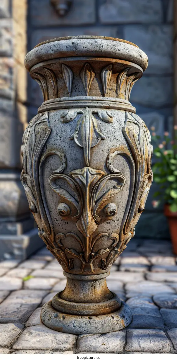 Ornate Stone Vase in a Courtyard