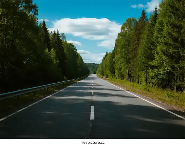A peaceful road surrounded by lush green trees under a clear blue sky
