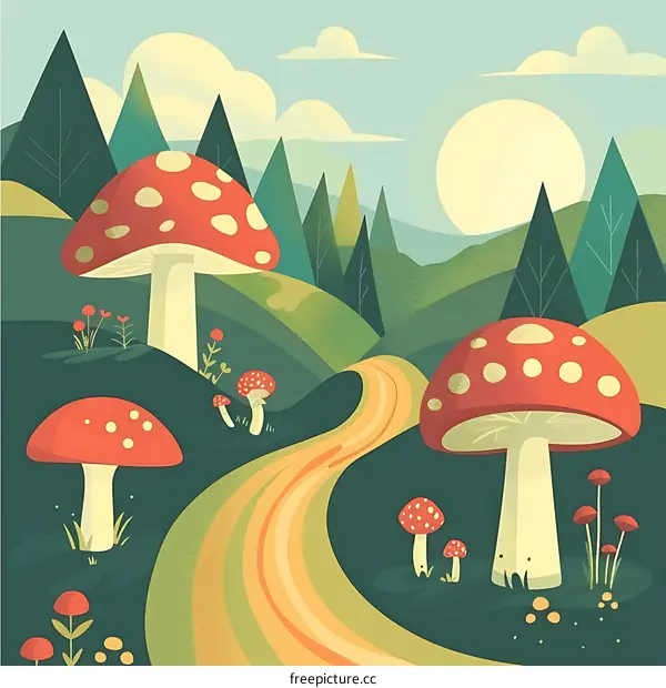 Forest Path with Red and White Mushrooms Illustration