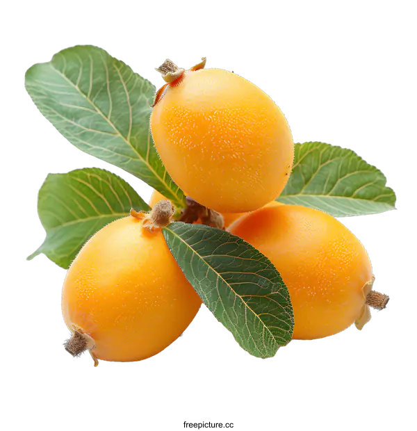 [Transparent Background PNG]Three ripe loquats with green leaves isolated on white background