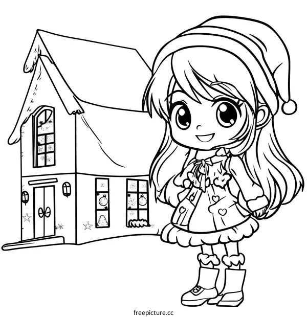 Cute Anime Girl in Winter Outfit Standing Next to a Christmas House