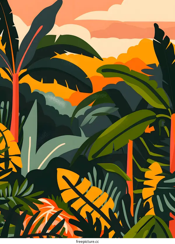 Tropical Jungle Illustration with Colorful Leaves