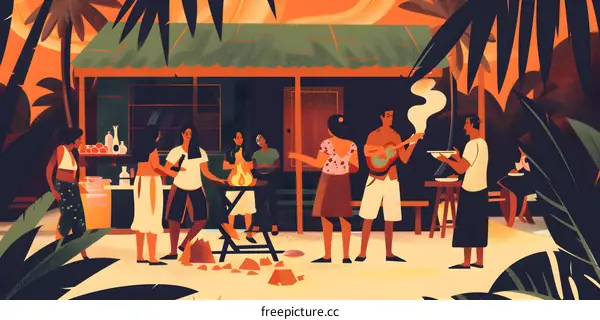 Friends Gathering for a Tropical Backyard Party