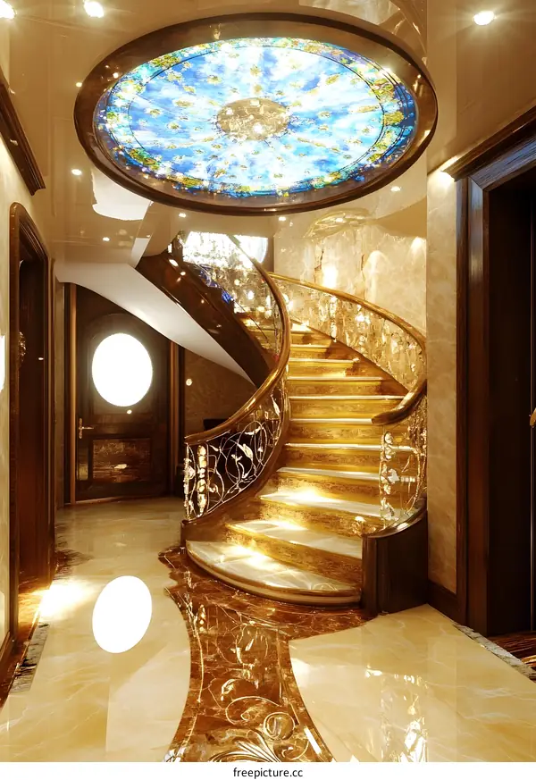 Luxury Interior Design with Golden Staircase and Stained Glass Ceiling