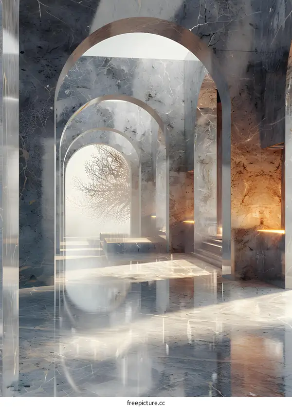 Light and Shadow Intertwined in a Marble Corridor