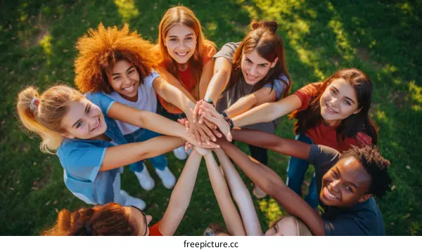 A group of diverse young women joining their hands together in a circle