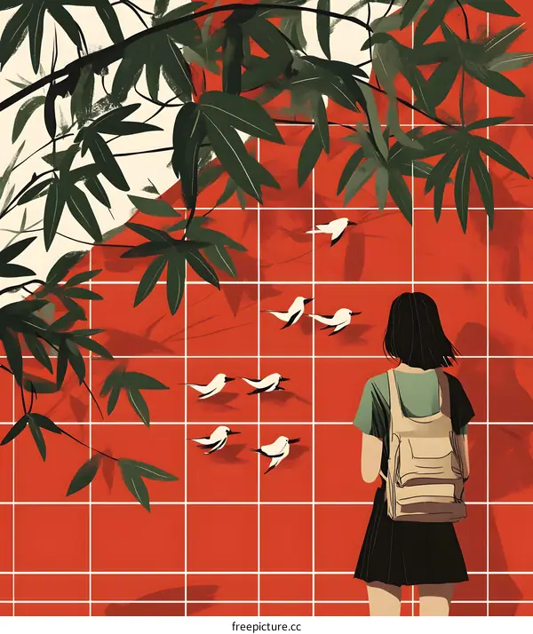 Woman Watching Birds Fly Away From Red Wall