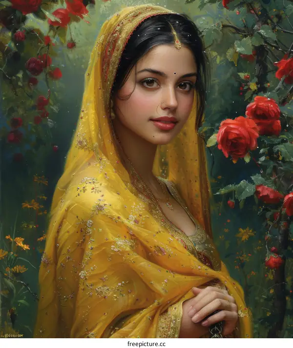 Indian Woman Portrait in a Yellow Saree