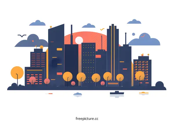 Flat Design Cityscape Illustration with Sunset and Clouds
