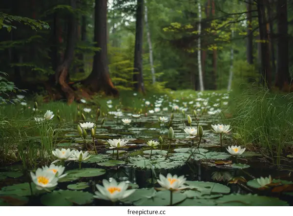 Mystical Forest Pond with Glowing White Water Lilies