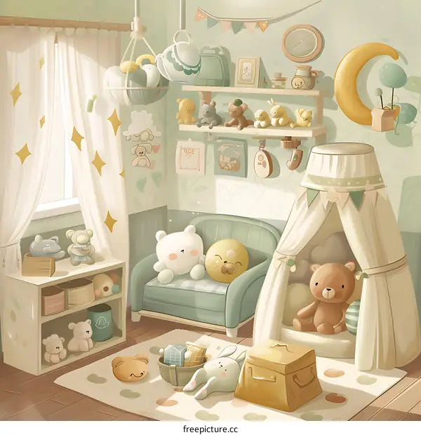 Cute Cartoon Illustration of a Playroom with Plush Toys and a Teepee Tent