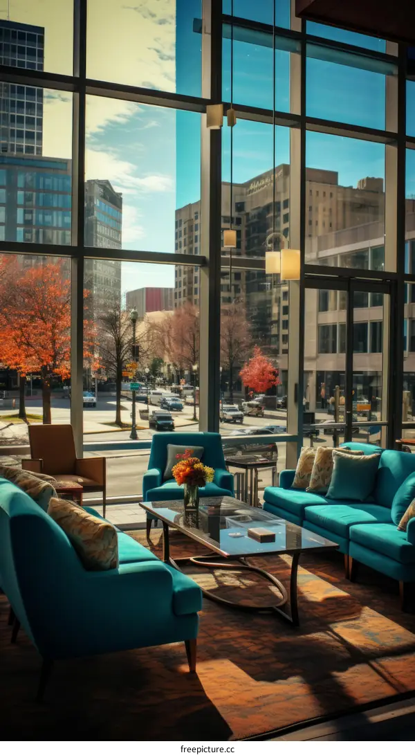 Blue velvet chairs and sofas in a modern hotel lobby with a view of the city street outside