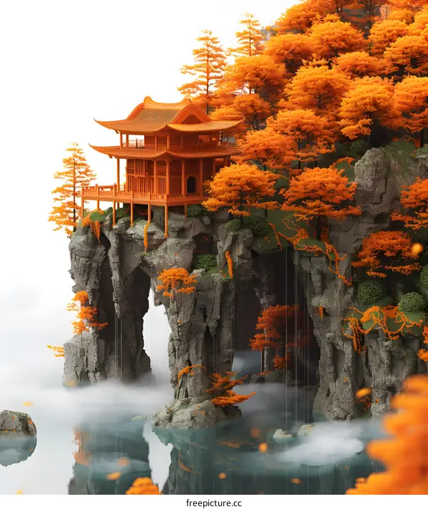 Ancient temple on a cliff by the water surrounded by orange trees