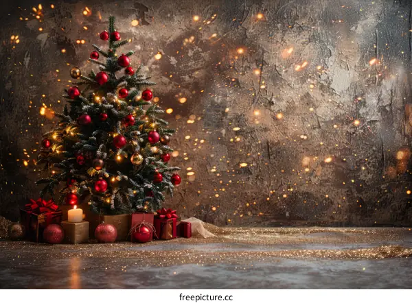 Christmas Tree with Red and Gold Ornaments and Presents