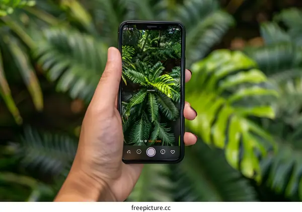 Hand Holding a Smartphone Capturing a Green Plant