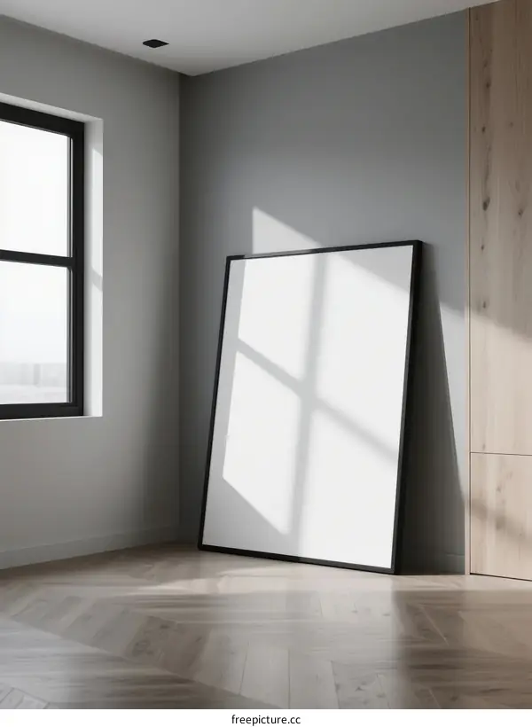 Empty Room with Large White Poster Leaning Against Gray Wall