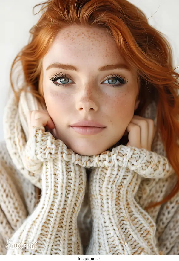 Close Up Portrait of a Young Woman with Red Hair and Freckles Wearing a Knit Sweater