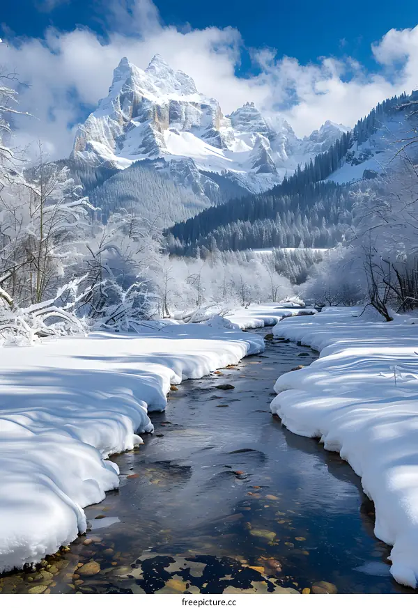 Snowy Mountain Stream with Blue Sky