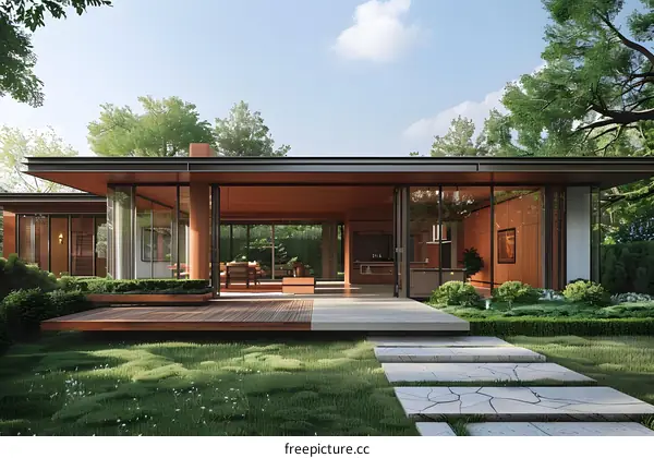 Modern house exterior with large glass windows and wooden deck surrounded by lush greenery