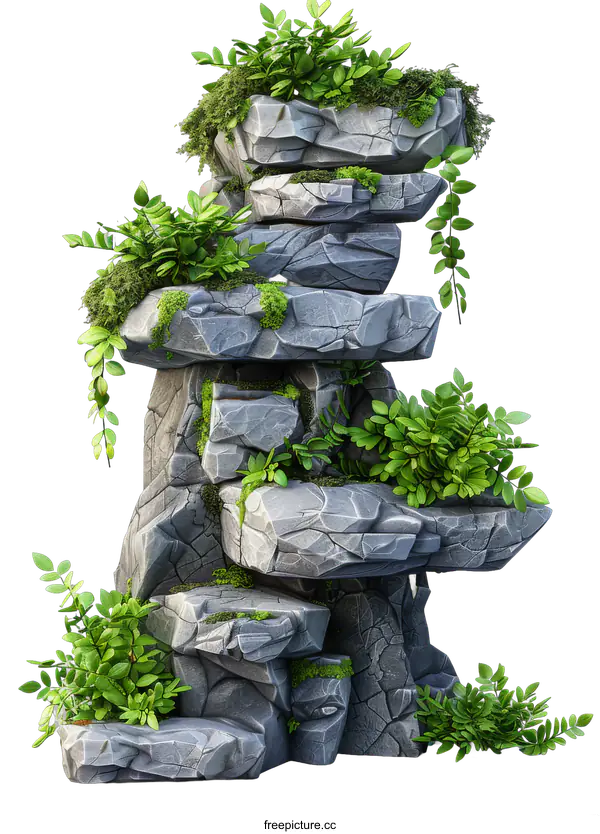 [Transparent Background PNG]A tall stack of gray rocks with green plants growing on it