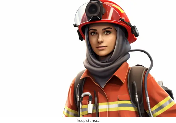 A portrait of a young female firefighter wearing a hijab