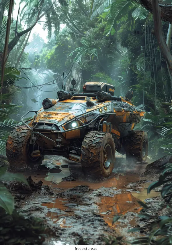 Futuristic Armored Vehicle Traversing the Lush Jungle