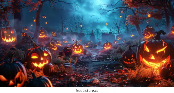 Spooky Halloween night with pumpkins and bats in a spooky forest