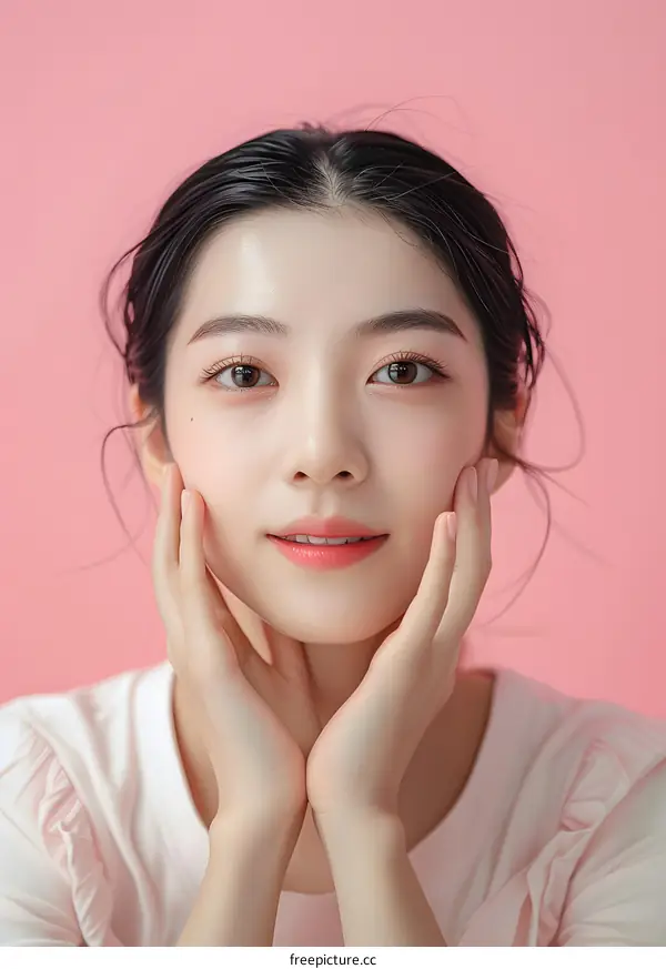 Portrait of a Beautiful Young Asian Woman With Pink Background